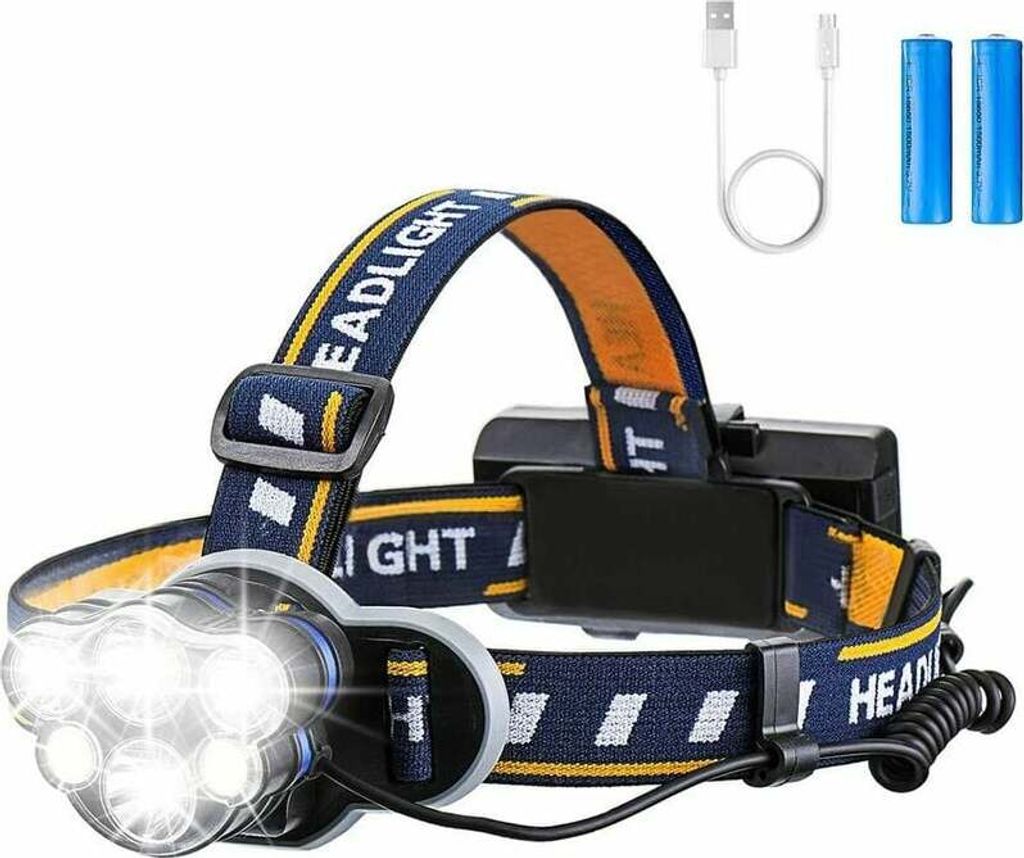 Superhelle Stirnlampe, wiederaufladbare LED-Taschenlampe, LED-Stirnlampe mit 6 LEDs 12000 lm, 8 Beleuchtungsmodi mit USB-Kabel