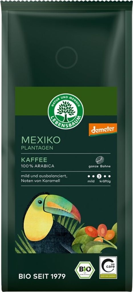 A bag of Lebensbaum coffee beans with a toucan illustration.