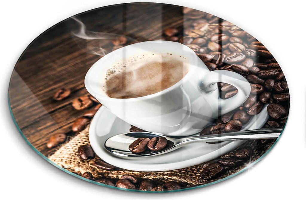 Glasschneideplatte - Herdabdeckplatte - fi40 cm -Schneidebrett - Spritzschutz - Tasse und Kaffeebohnen