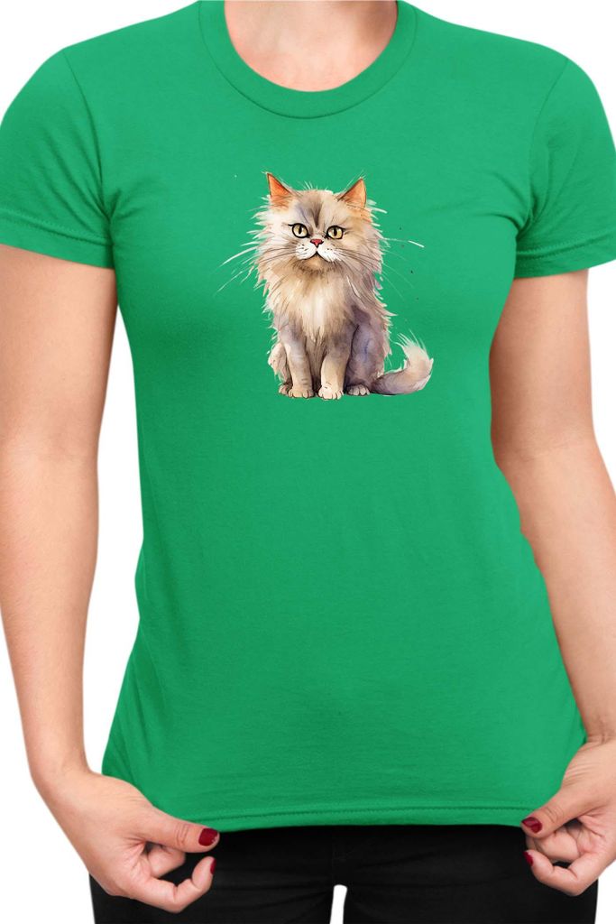 Damen T-Shirt Funny Cats Breeds British Longhair Cat 016, Lady M / Grün