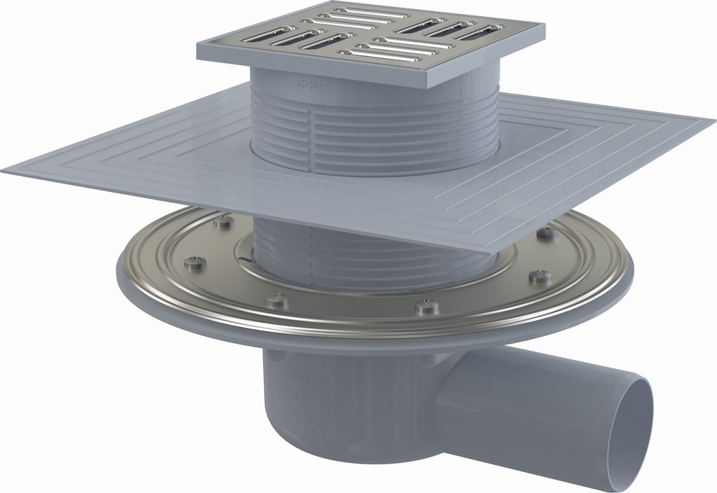 AlcaDrain Bodenablauf 105×105/50 mm mit einem waagrechten Abgang, Edelstahl Rost, Edelstahl-Dichtungflansch und Manschette-2. Abdichtung, Kombi-Ge...