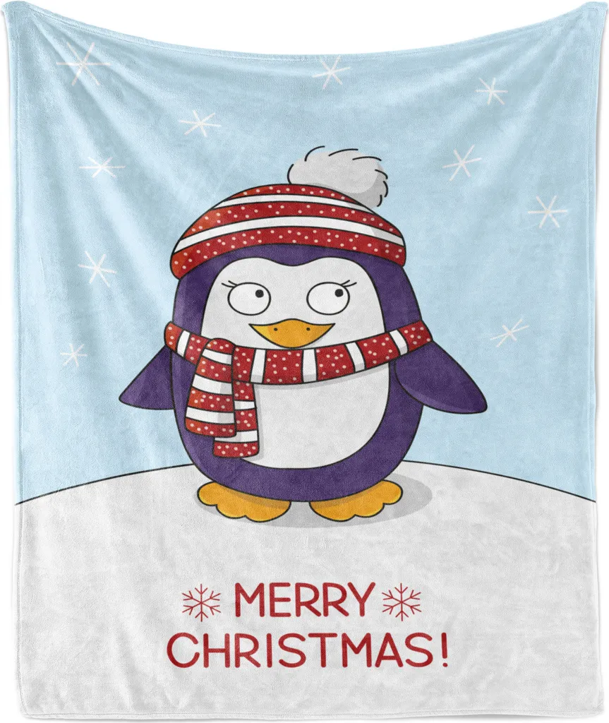 ABAKUHAUS Coperta natalizia in morbido pile di flanella, pinguino natalizio sulla neve Dune, morbido peluche per interni ed esterni, 125 x 175 cm, azzurro e quarzo