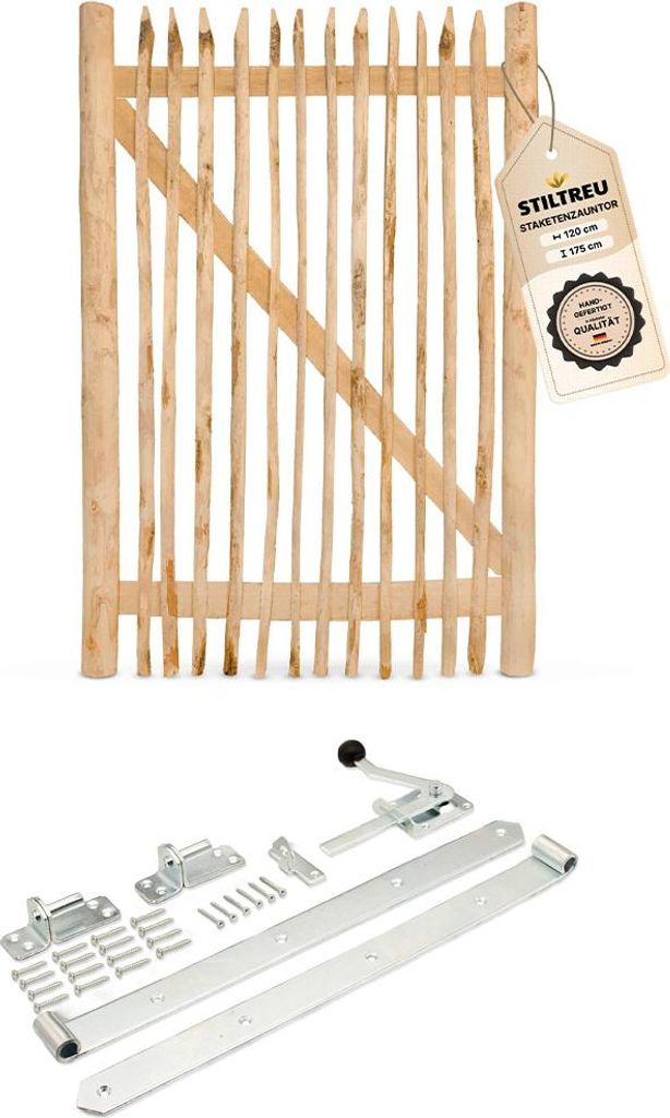 Classic Staketenzaun-Tor Set (silber) aus Edelkastanie, Breite 120 cm, Höhe 175 cm (genagelte Ausführung)