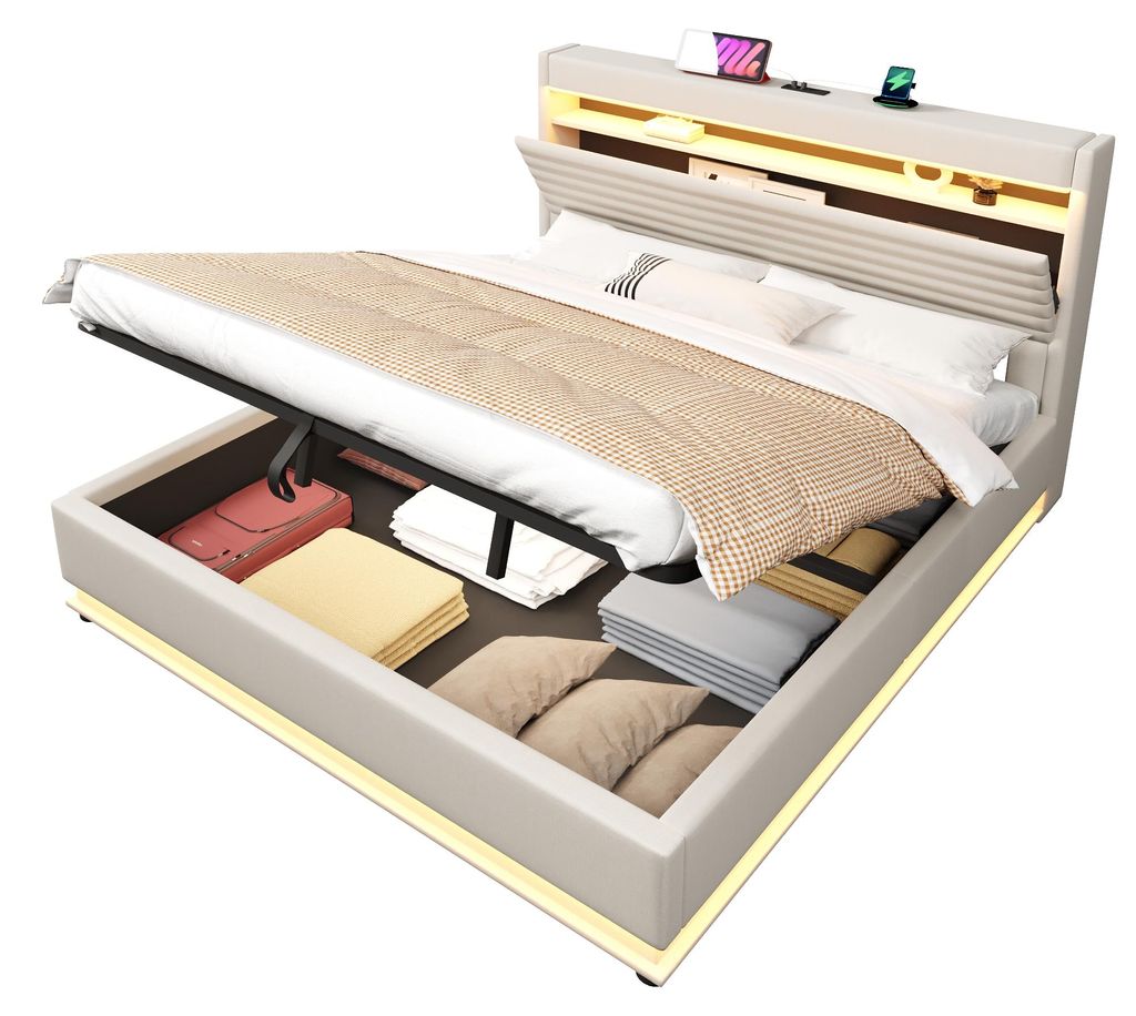 Polsterbett mit LED-Streifen, Stauraum, Schrank, USB und Type-C, 180x200 cm, gepolsterter Kopfteil mit Schrank, Einzelbett, Stauraumbett, Leinen