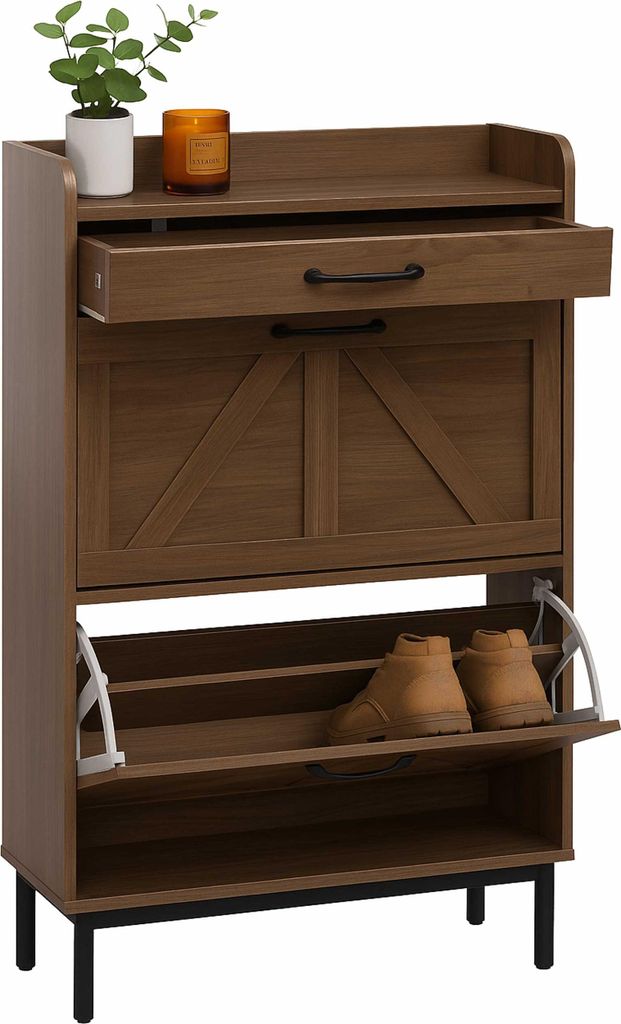 A brown wooden shoe cabinet with a drawer and two flip-down compartments for shoes, placed on a white background.