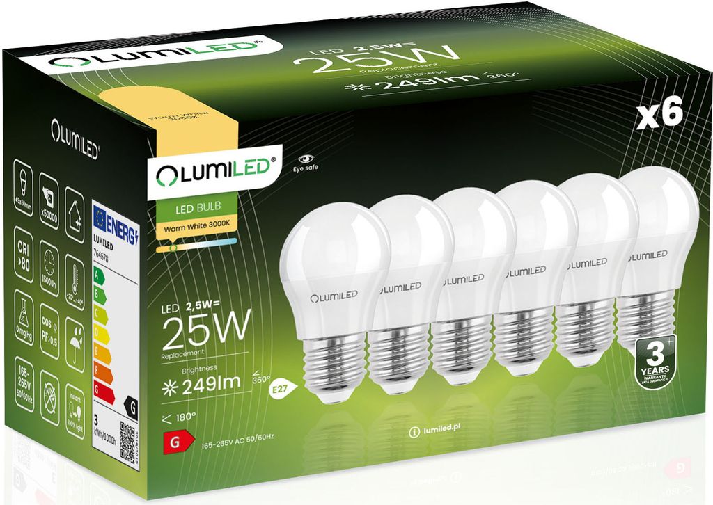 6x Żarówka LED E27 Kulka P45 2,5W = 25W 249lm 3000K Ciepła Zdjęcie produktu 