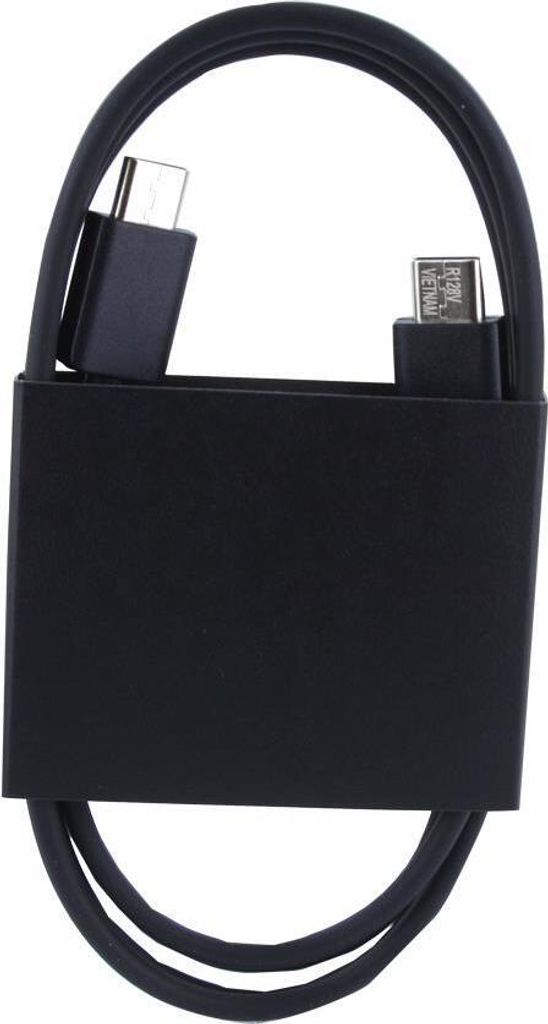 A black USB-C to USB cable neatly coiled and held by a black band.