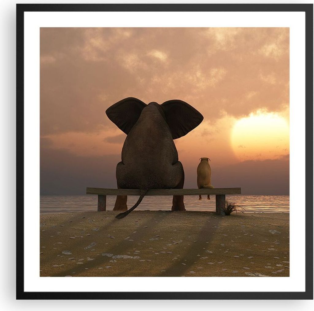 Gerahmtes Poster - Schwarzer Rahmen - Elefant Ufer Meer - 60x60 cm - Wand Bild - Wanddeko - Wandbilder - Kunstposter - Wandposter - Bilderrahmen - ...