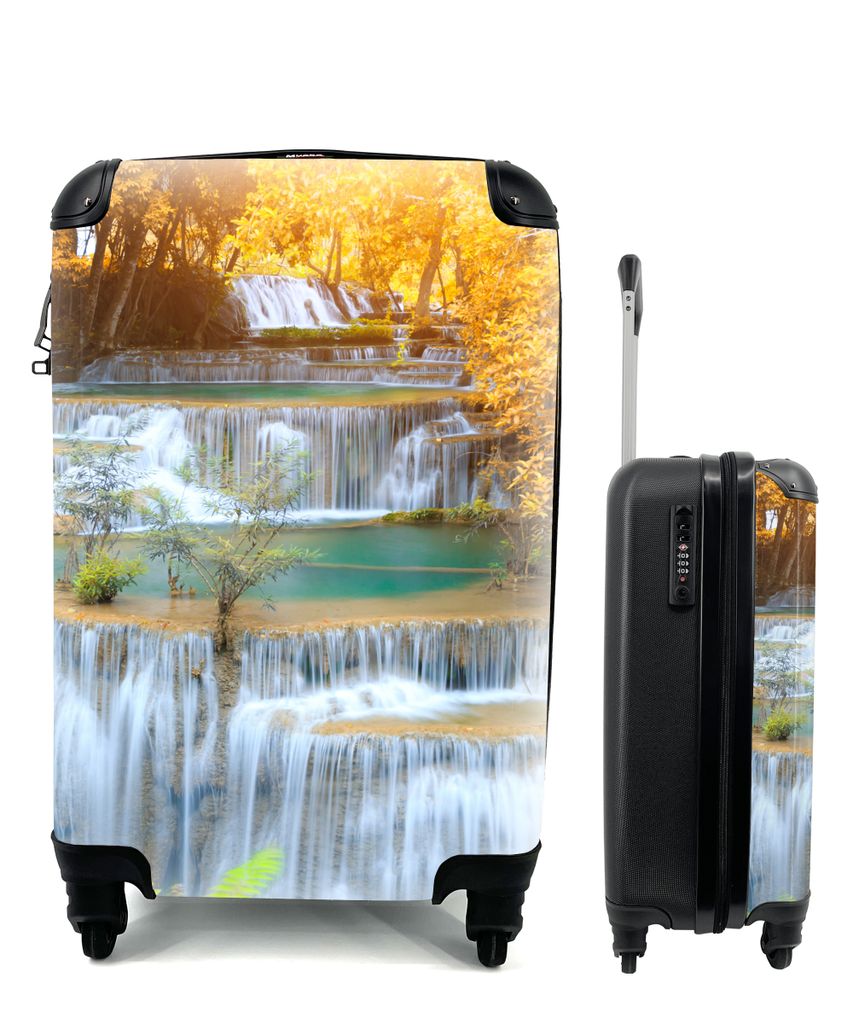 MuchoWow Koffer Handgepäck Trolley Rollkoffer Kleine Reisekoffer mit 4 Rollen - Wasserfall - Herbst - Bäume - Braun - Wasser - Cabin Size < 55x...