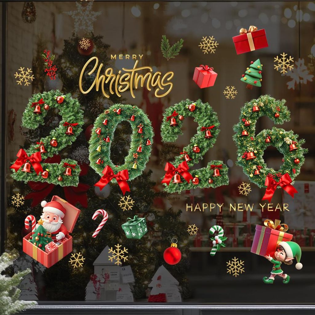 2026 Weihnachts-Fensteraufkleber, 1 Blatt Fensterdekorationen, DIY-Fensteraufkleber, geeignet für Fenster, Glastüren, Zuhause, Schule, Büro