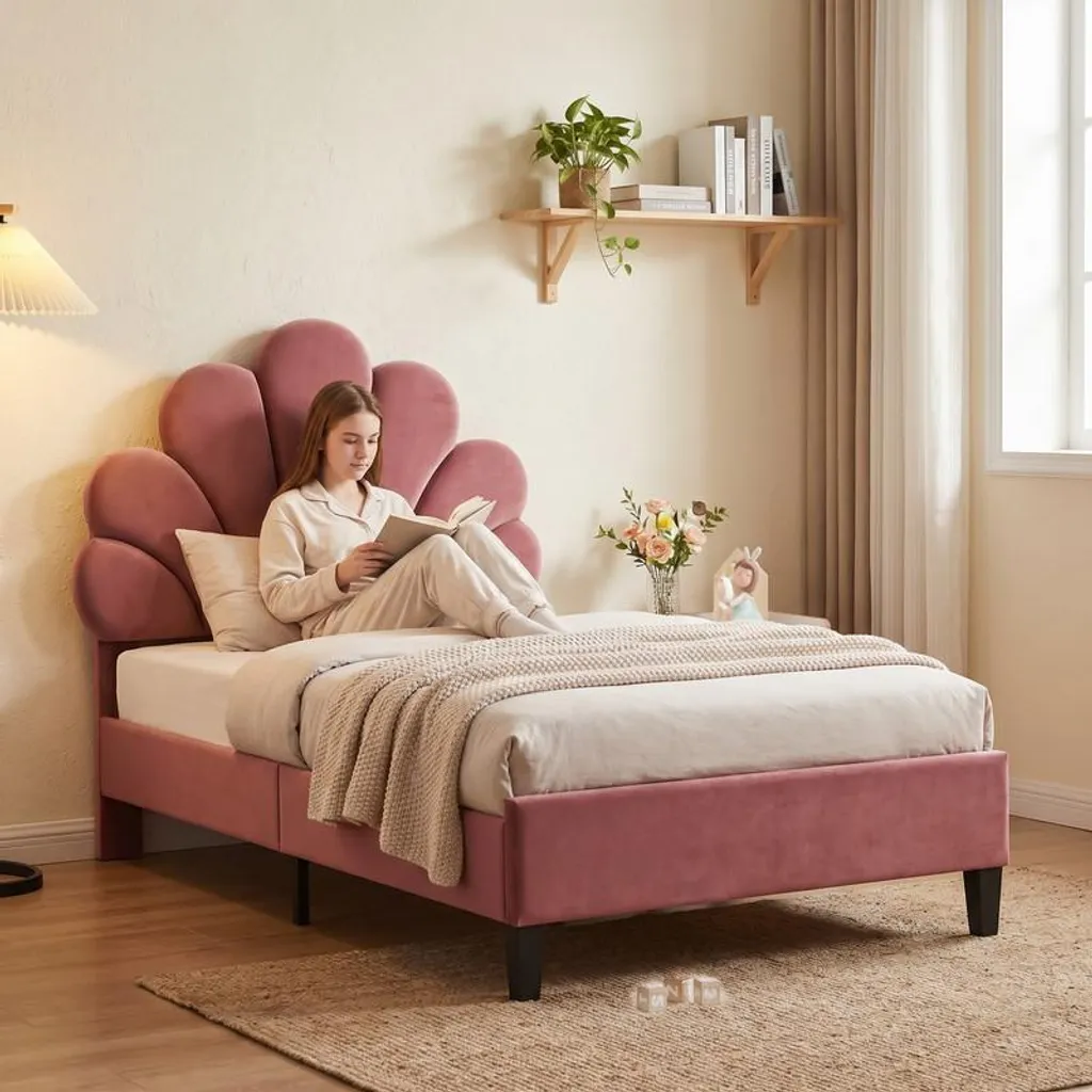 Lit simple 90x200 rose en velours et tête de lit fleur pour enfant