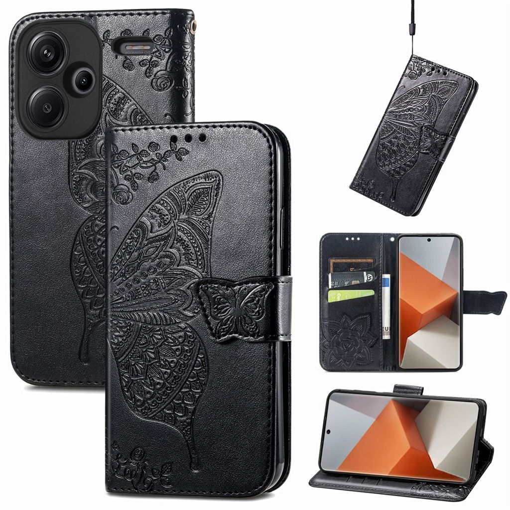 Für Xiaomi Redmi Note 13 Pro Plus Kunstleder Wallet Handy Tasche Schmetterling Design Schutz Hülle Schwarz