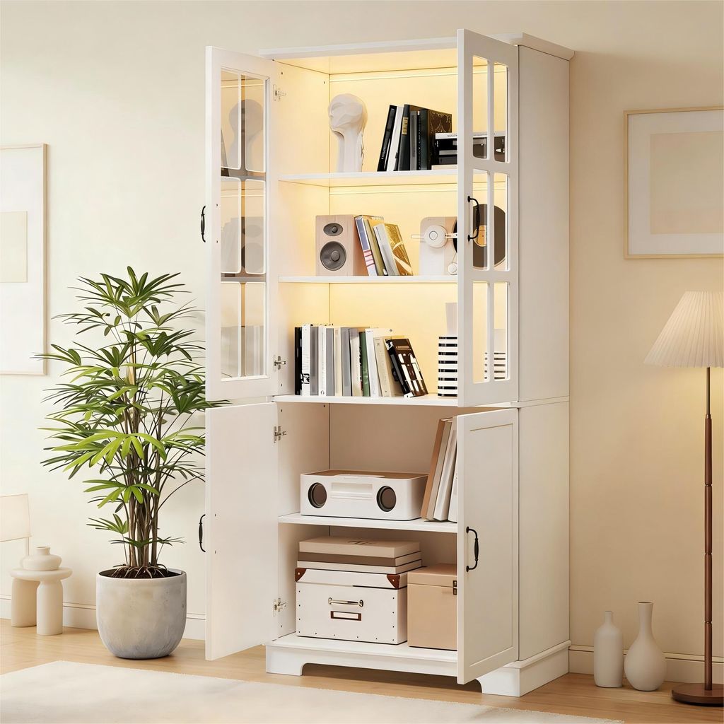 MODFU Hochschrank Aufbewahrungsschrank mit fünf Ablagefächern Bücherregal Vitrine mit 2 Glasgittern und Stauraum Landhaus-Stil Wohnzimmerschrank...