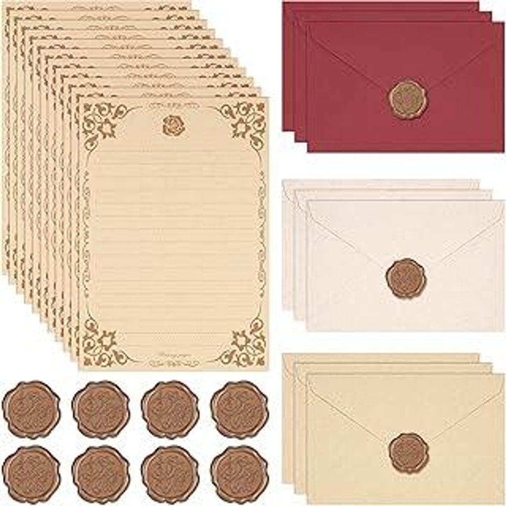 JIANTA Vintage Briefpapier Set mit 9 Leinenumschlägen in Gelb, Braun und Rot, 30 Briefbögen, 9 Wachssiegel selbstklebend für Hochzeit, Geburtsta...