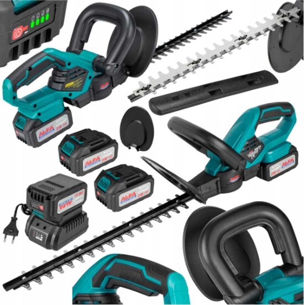 A collage of cordless hedge trimmers, batteries, and accessories.