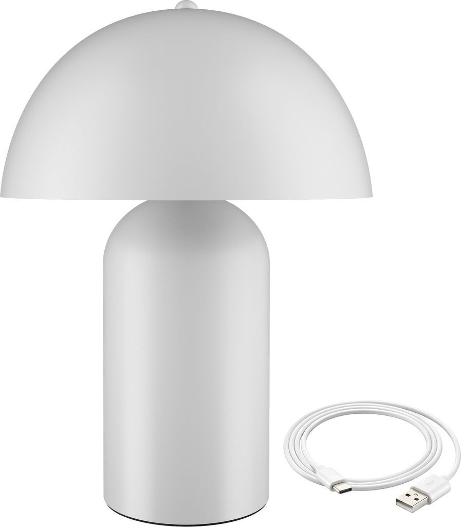 A white mushroom-shaped table lamp with a USB charging cable next to it.