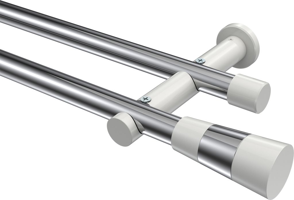 Interdeco Gardinenstange / Vorhangstange Chrom / Weiß, Typ Platon Tanara (Konus Bicolor) ohne Ringe, 20 mm Ø 2-läufig, 140 cm