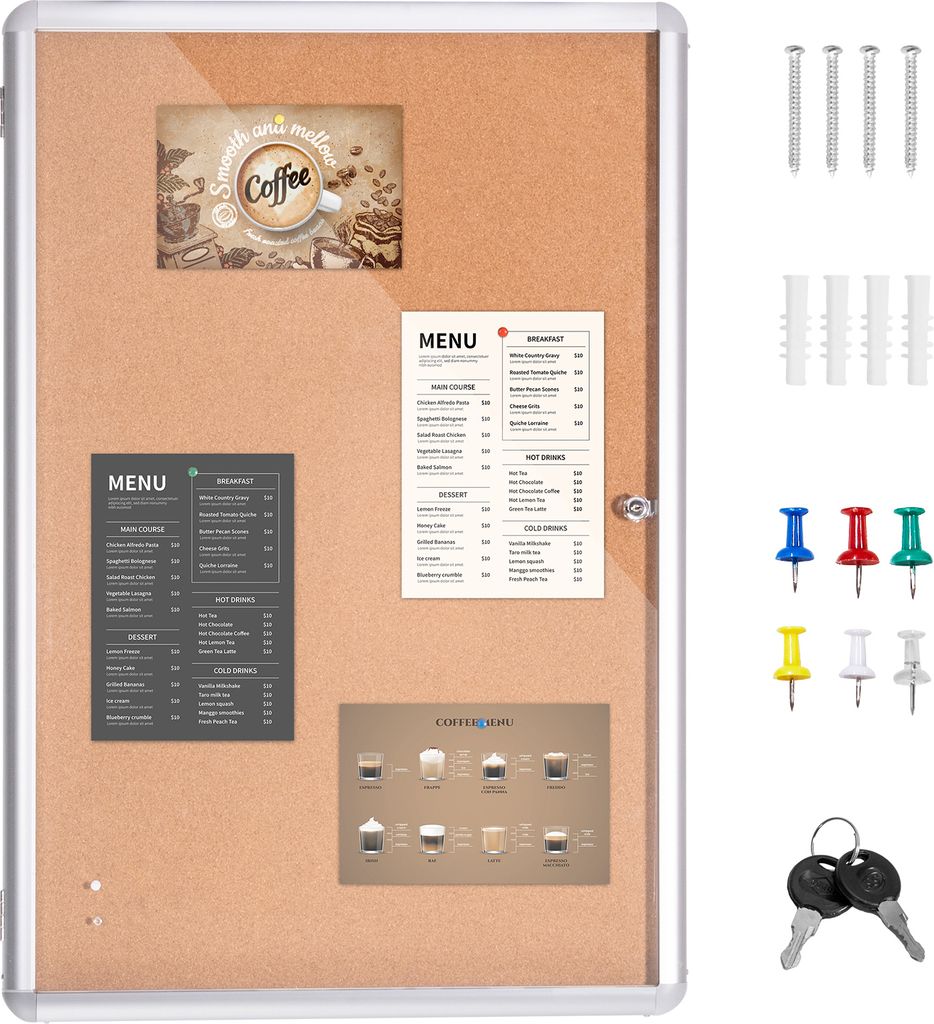A cork board with menus and coffee images attached, along with accessories like push pins and keys.
