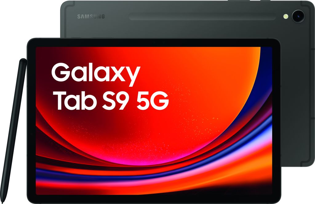 A Samsung Galaxy Tab S9 5G is shown with its stylus. The tablet is displayed at an angle, showcasing its screen which displays a vibrant, abstract wallpaper. The back of another tablet is visible behind the main one.