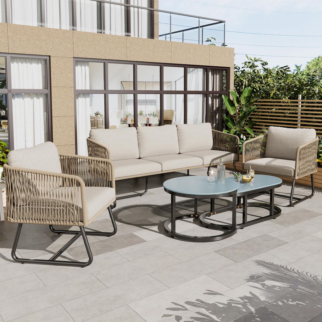 5tlg. Garten-Lounge-Set, Gestell aus verzinktem Eisen, graues Seil, glatte Glasplatte, verstellbare Füße, inkl. Sitz- & Rückenkissen für Terrasse