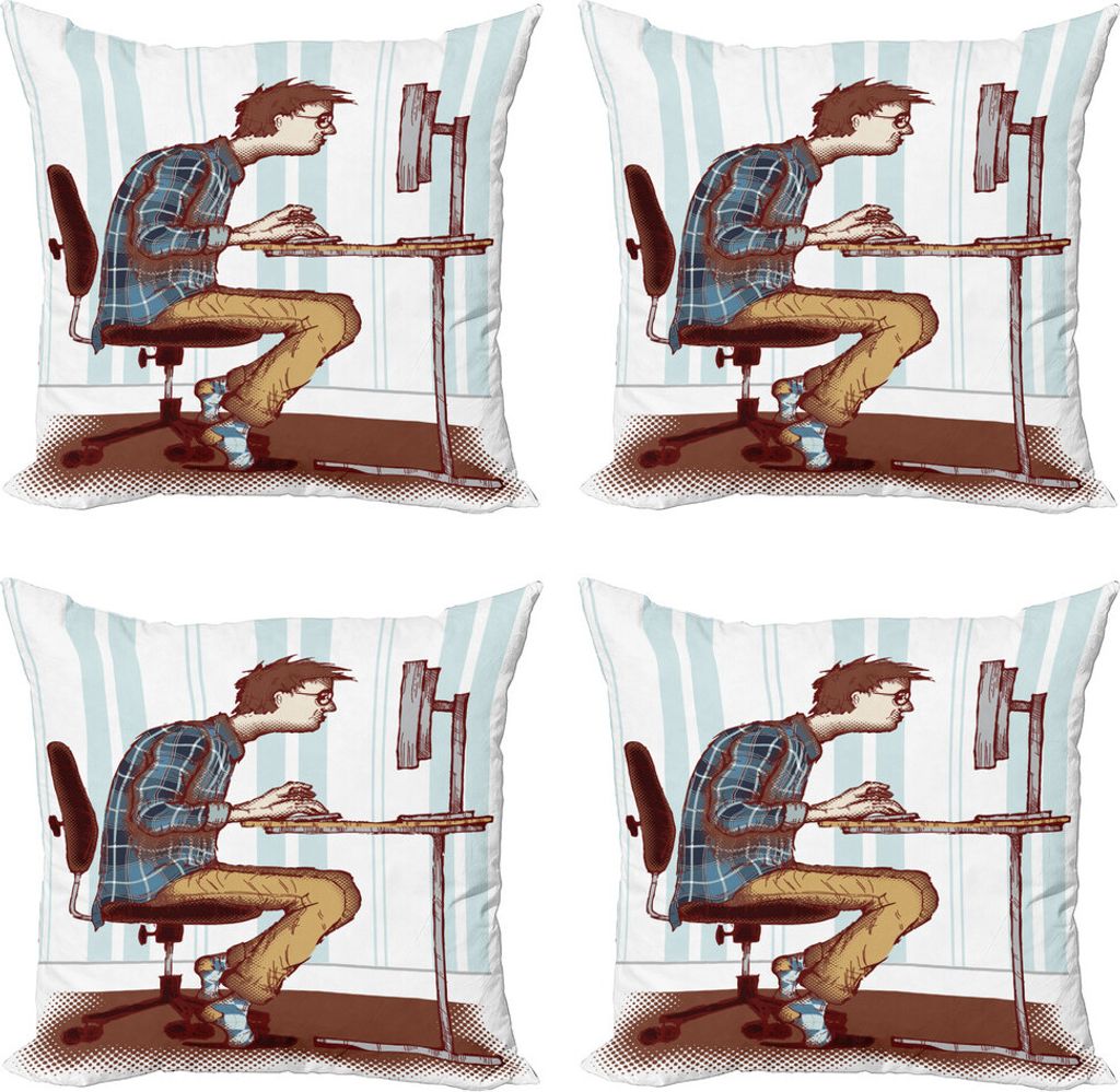 ABAKUHAUS Geek Kissenbezug Set (4 Stück), Programmer Workaholic Guy, Moderner Doppelseitiger Digitaldruck, 60 cm x 60 cm, Mehrfarbig