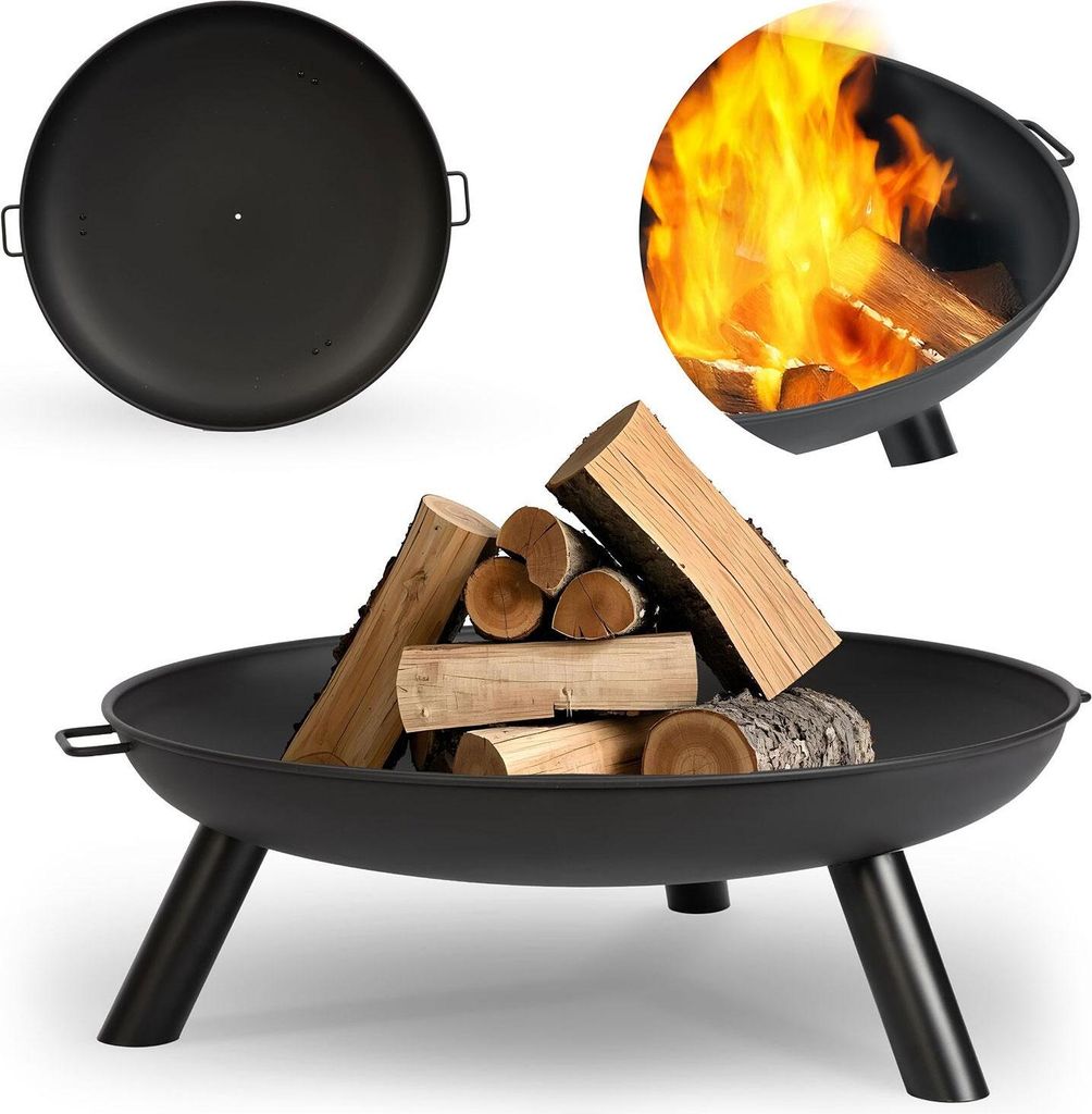 A collage of images showing a black metal fire pit with logs and flames, and a separate view of the fire pit's lid.