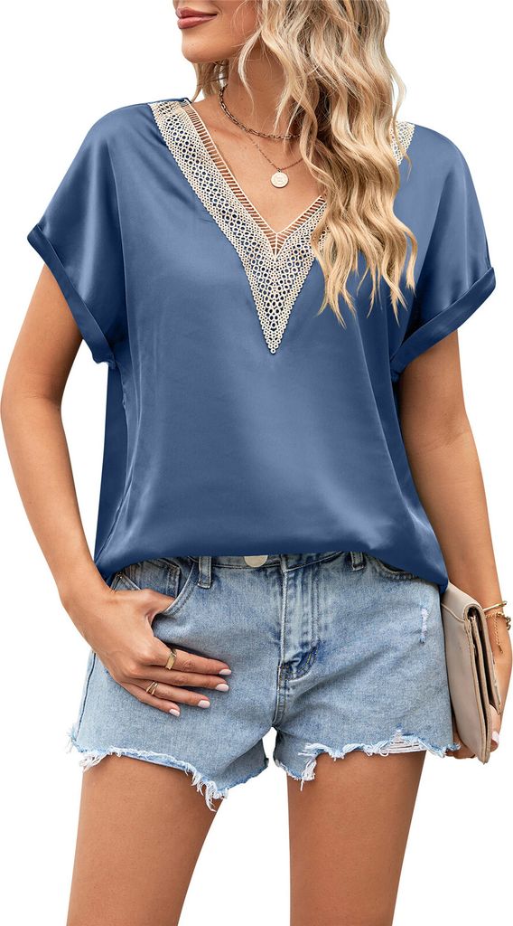 ASKSA Damen T-Shirt Sommer Satin Spitze V-Ausschnitt Oberteile Elegant Casual Bluse Tops, Graublau, Groesse: L