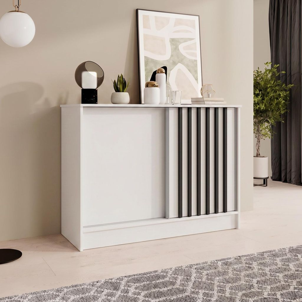 BEAUTYSOFA | Kommode HORIZON 100 cm Weiß, Schwarz mit Lamellen Sideboard mit 2 Schiebetüren, Modernes Design, viel Stauraum