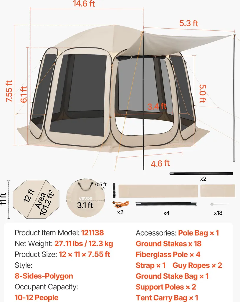 Tenda da campeggio VEVOR, 365,76x335,28x230 cm, tenda pop-up con tenda estensibile, tenda per feste per 10-12 persone, inclusa borsa per il trasporto e pareti laterali in rete, per patio e attività all'aperto, beige - 7