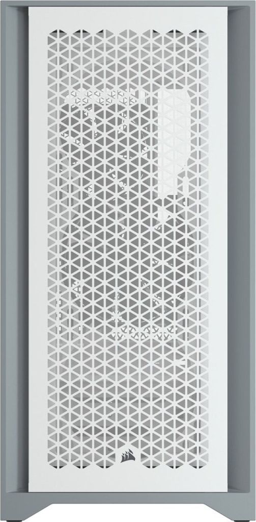 A front view of a white computer case with a perforated front panel.