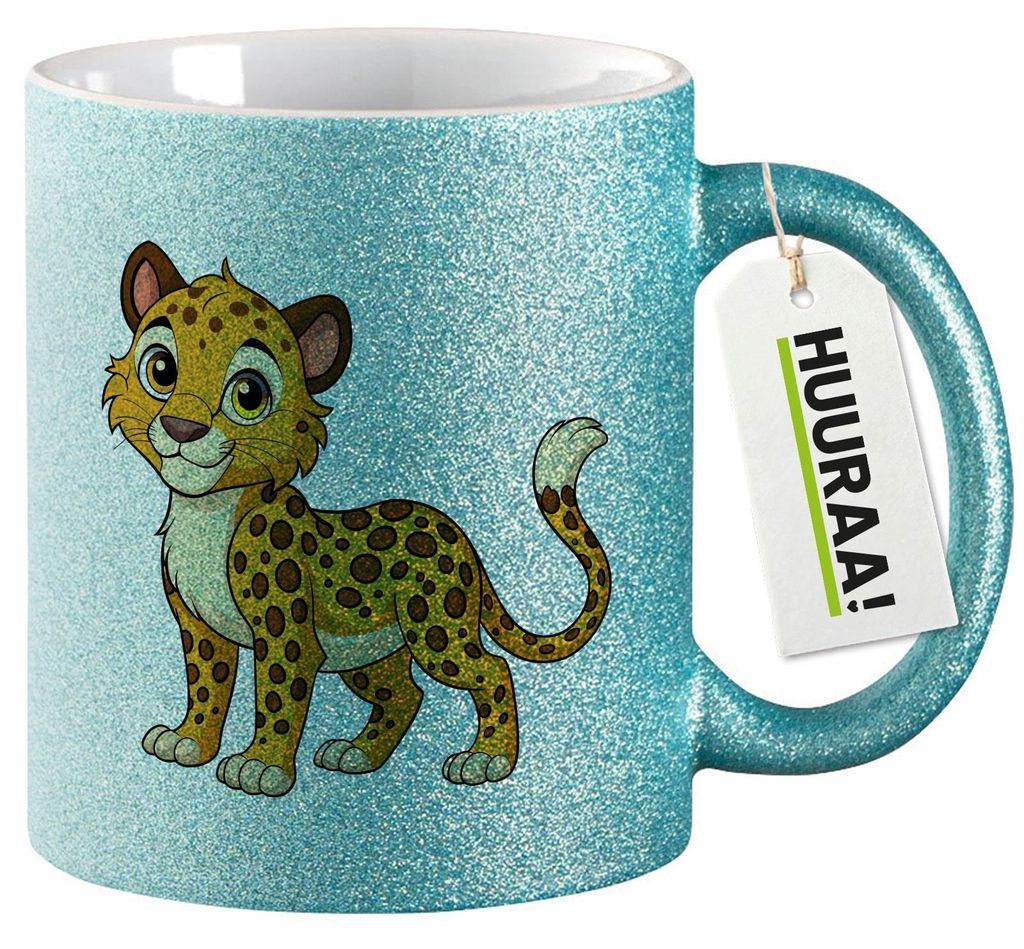 Huuraa Glitzertasse Leopard Comic 330ml Blau Keramik Kaffeebecher Geschenkidee