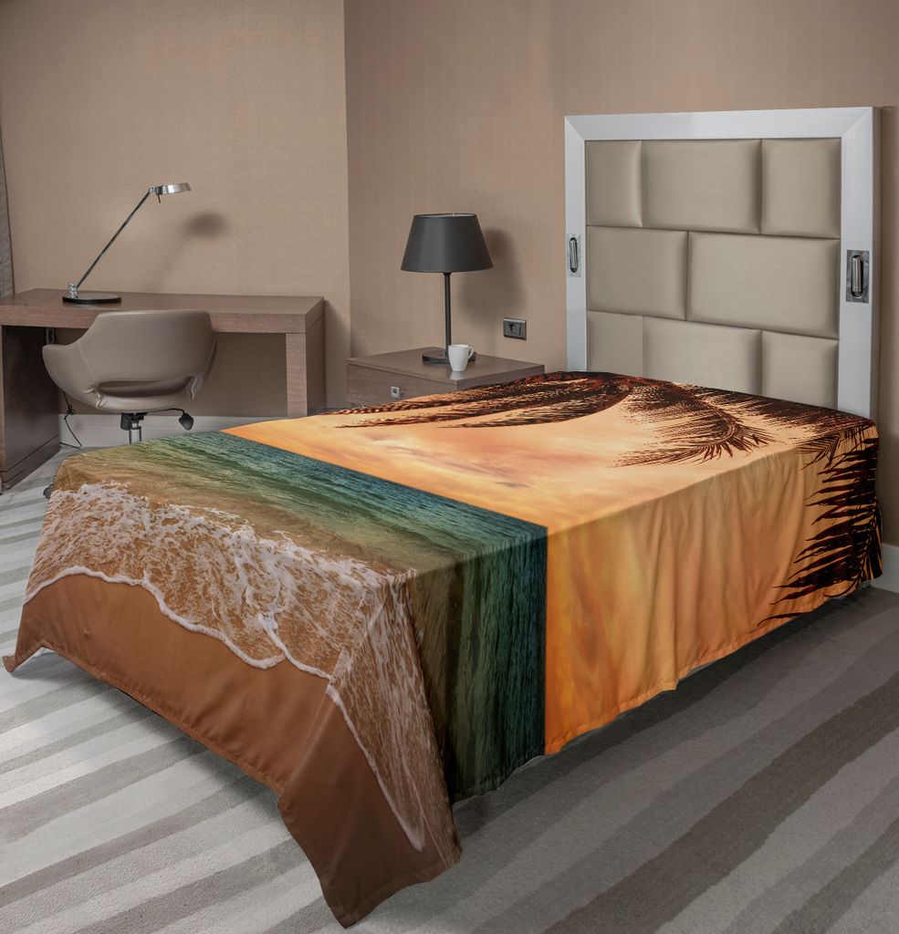 ABAKUHAUS Tropisch Bettlaken, Seascape Landschaft mit Ocean Beach Palme und Sonnenuntergang-Himmel in weichen Tönen, weiches bequemes oberes Bettl...