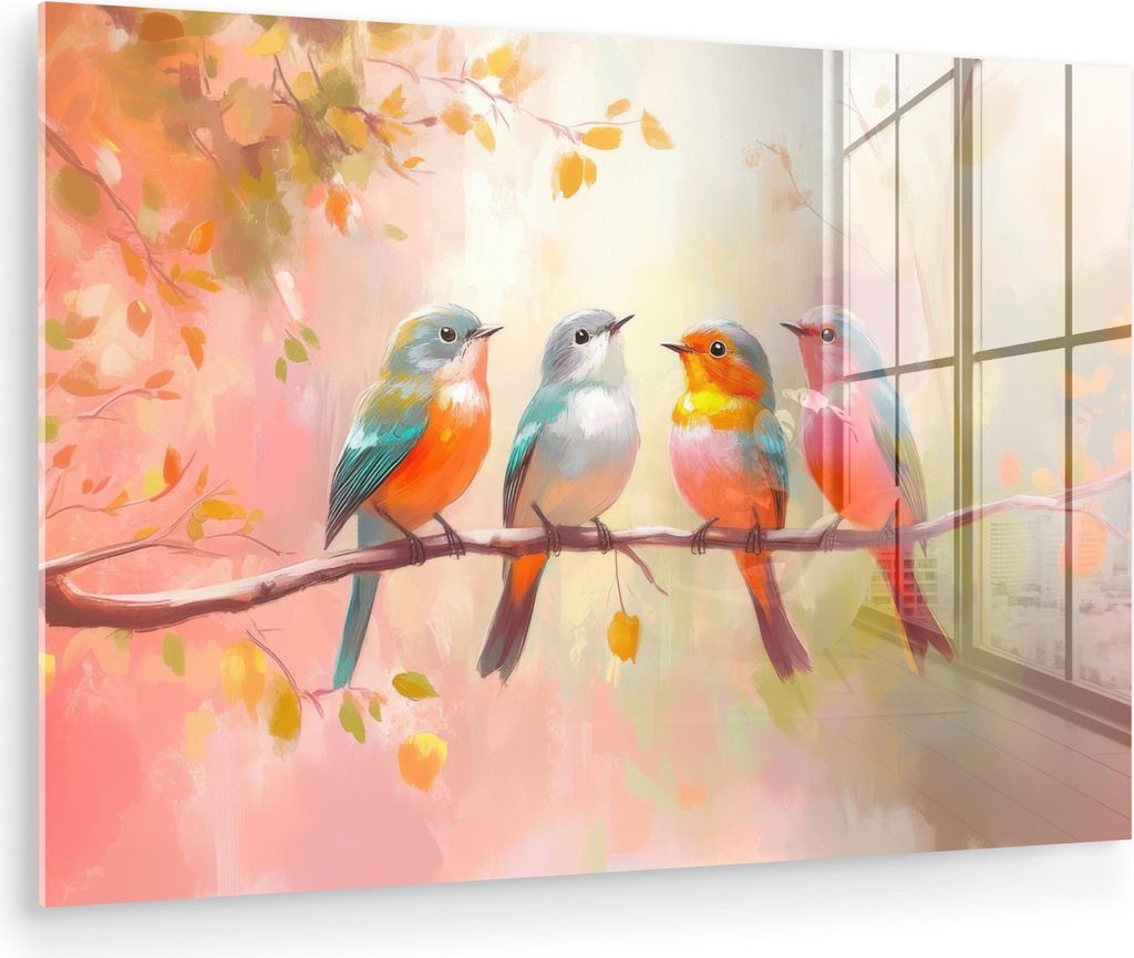 MuchoWow Glasbilder - Bilder auf Wandbild - Foto auf Glas Vögel - Bunt - Zweig 120x80 cm Wanddekoration aus Glas - Acrylglasbild - Acrylbilder - A...