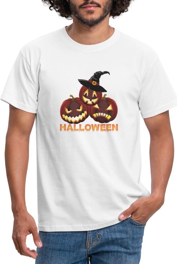 Spreadshirt Halloween Kürbisse Mit Hexenhut Gruselig Lustig Männer T-Shirt, M, Weiß