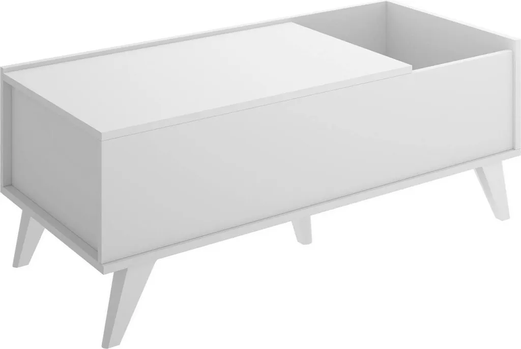 Table basse avec rangement Alexius blanc, plateau mobile et pieds en ABS