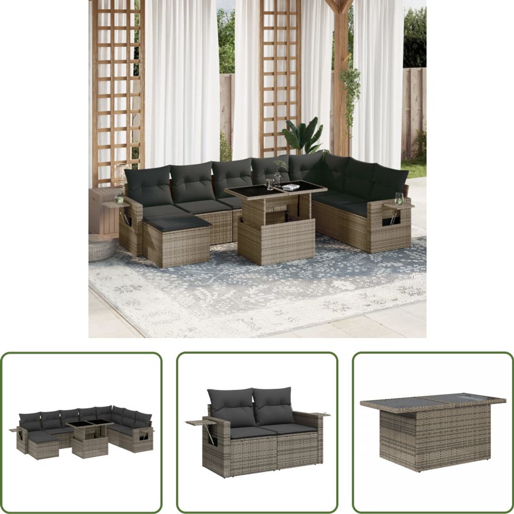 The Living Store 9-tlg. Garten-Sofagarnitur mit Kissen Grau Poly Rattan