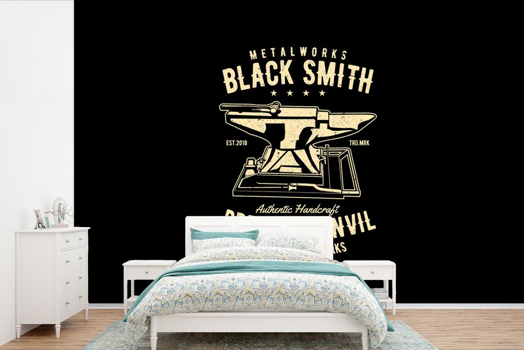 MuchoWow Fototapete für Wohnzimmer oder Schlafzimmer Wandtapete Vinyl Motivtapete Mancave - Amboss - Vintage - Schwarz - 330x220 cm - Fototapeten