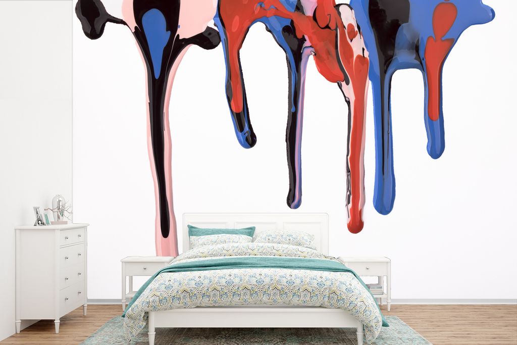 MuchoWow Fototapete für Wohnzimmer oder Schlafzimmer Wandtapete Vinyl Motivtapete Tropfende bunte Farbtropfen - 330x220 cm - Fototapeten