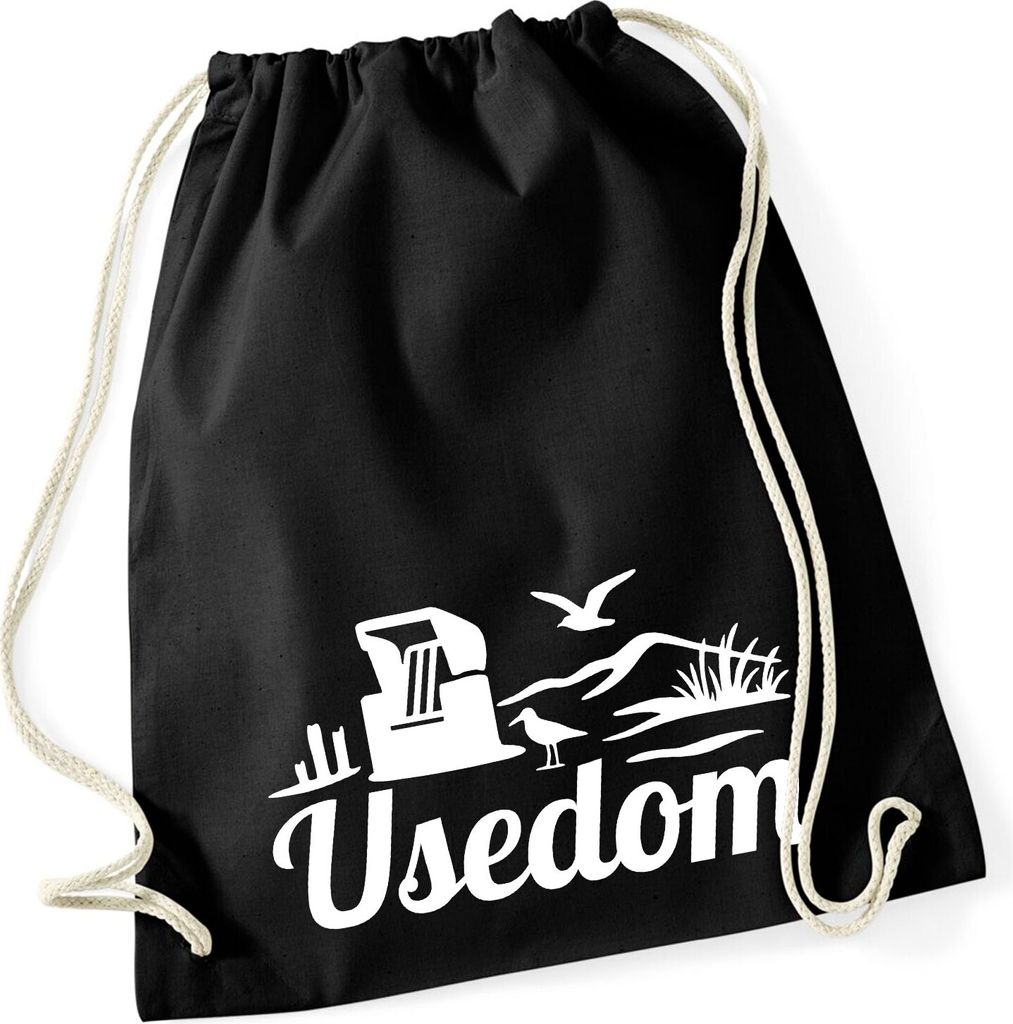Huuraa Turnbeutel Usedom Strandmotiv 12 Liter Black Baumwolle Rucksack Geschenkidee