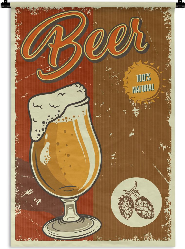 MuchoWow Wandteppich Wandbehang Mannshöhle - Bier - Vintage - Zeichnung 90x135 cm Tapisserie Dekoration Wandtuch - Baumwolle - Wandskulptur