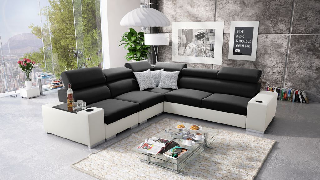 Ecksofa mit Schlaffunktion Eckcouch PERS III Sofa (Schwarz Sawana 14 + weißes Kunstleder, Links)