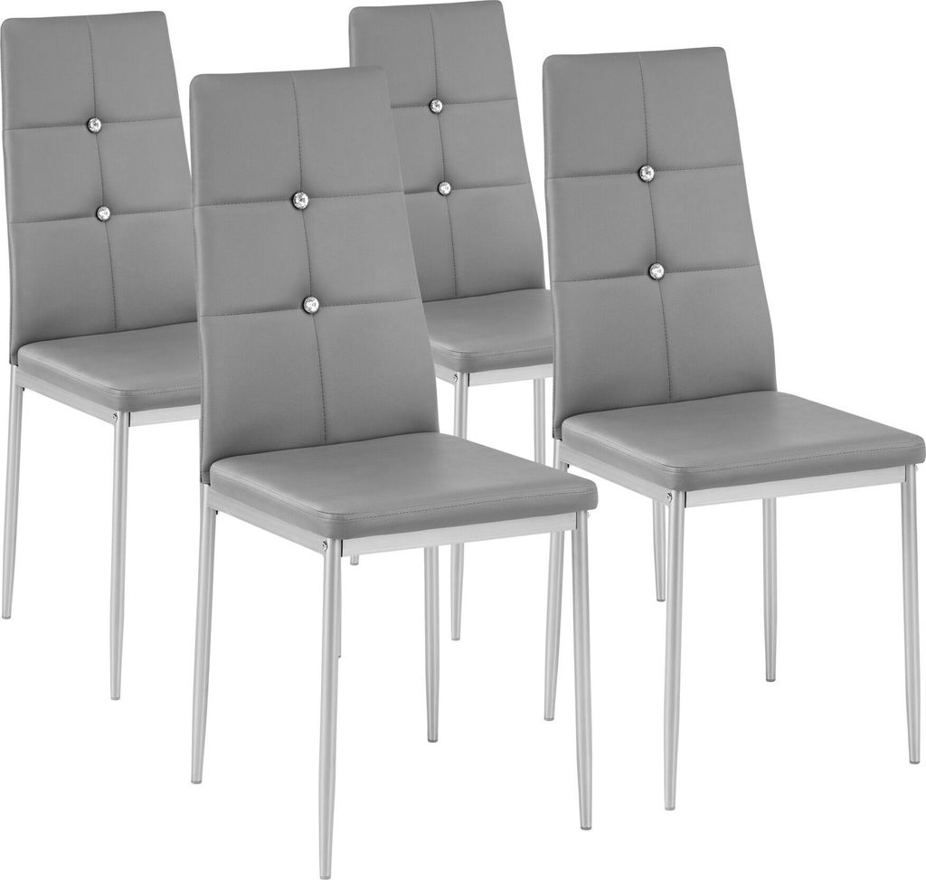Four gray dining chairs with silver legs are arranged in a row against a white background.