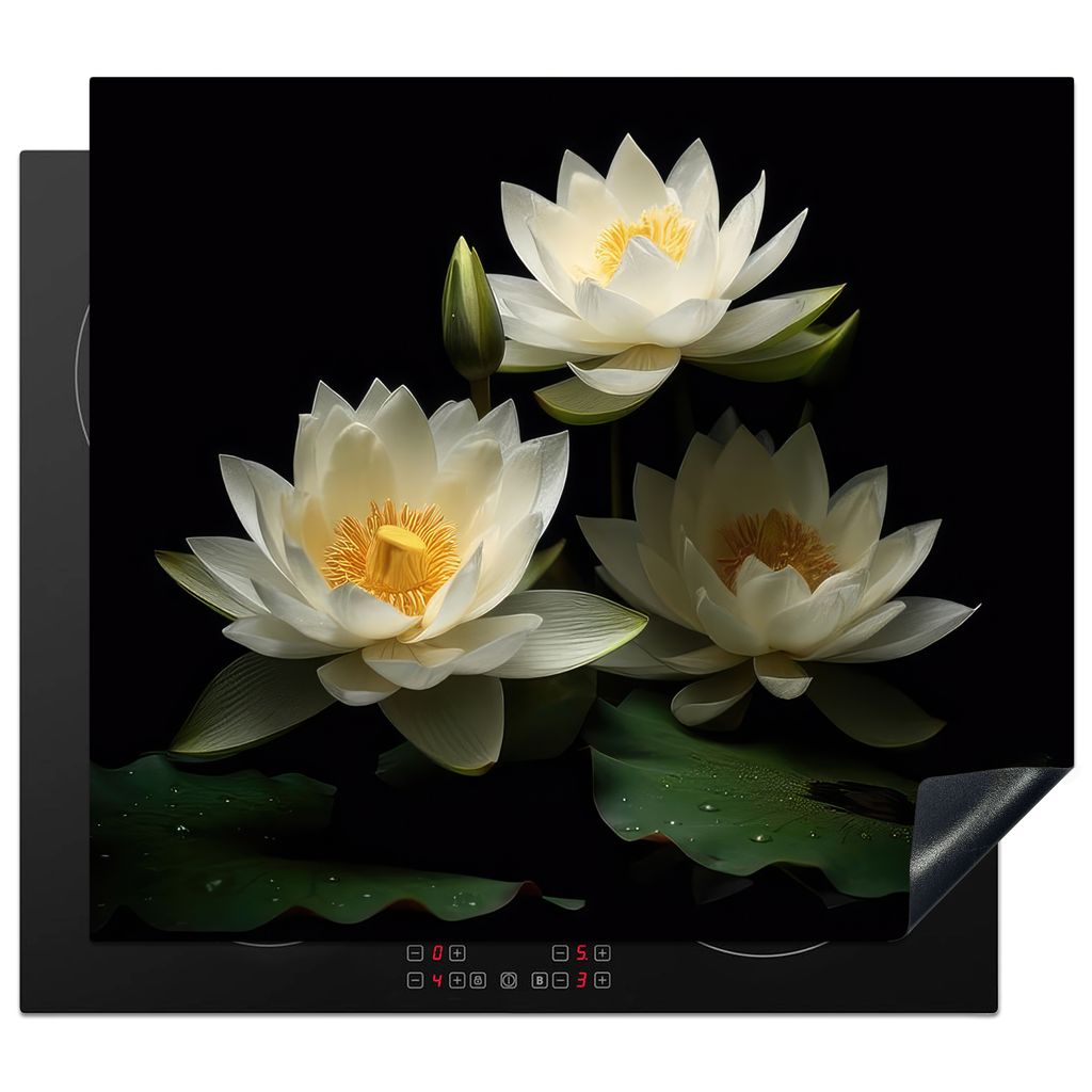 KitchenYeah Herdabdeckplatte Lotus - Blumen - Weiß - Natur - Schwarz , 59x52cm, Küche Deko, Glaskeramikkochfeld Herdabdeckung, Abdeckplatte fù...