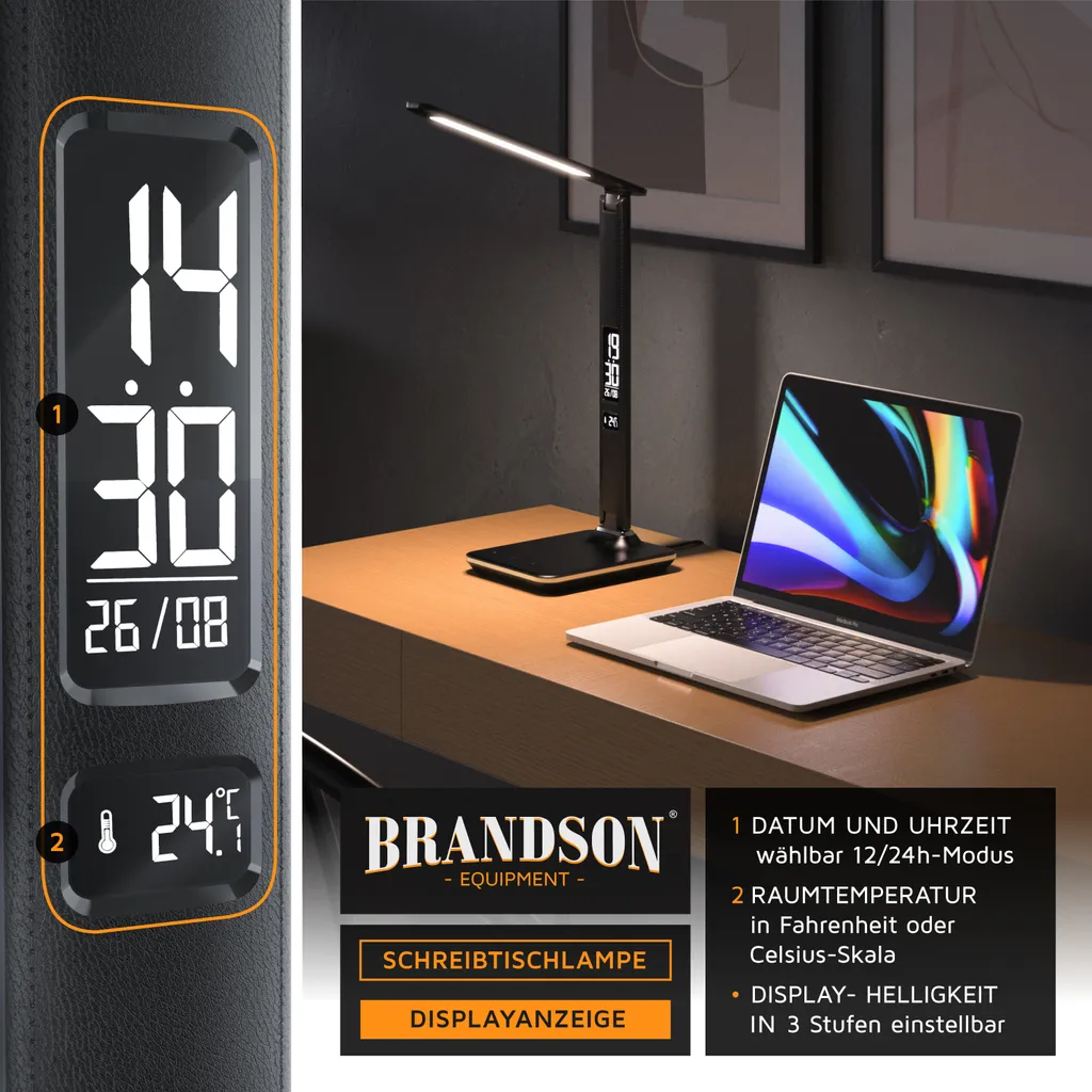 Brandson Lampe de Bureau LED Dimmable Aspect Cuir avec Calendrier LCD