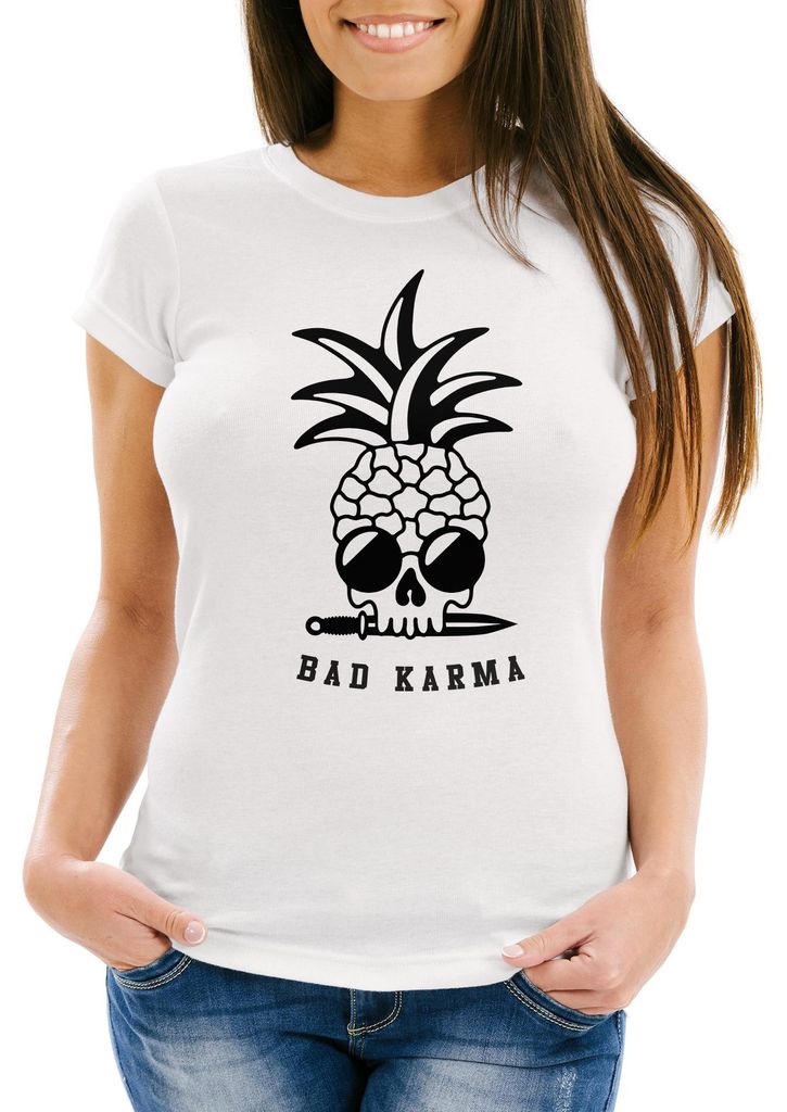 Damen T-Shirt Totenkopf Ananas Bad Karma Pineapple Skull Slim Fit Neverless weiß XS