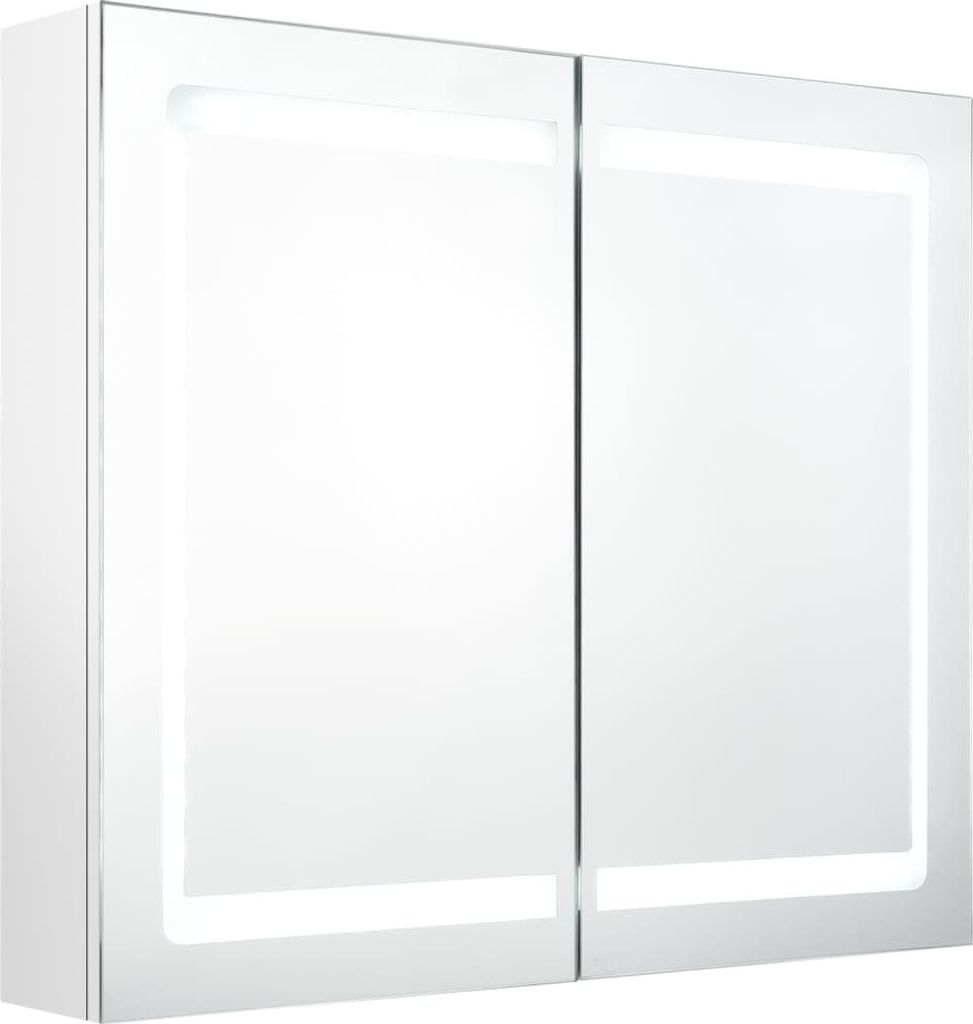A white LED bathroom mirror cabinet with two doors.