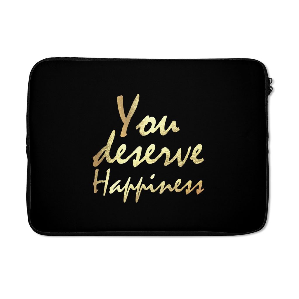 MuchoWow Laptop Hülle 14 ZollZitate - Glücklich - Gold - Schwarz Laptoptasche - Laptoptasche - Stoßsicher - Schutzhaube
