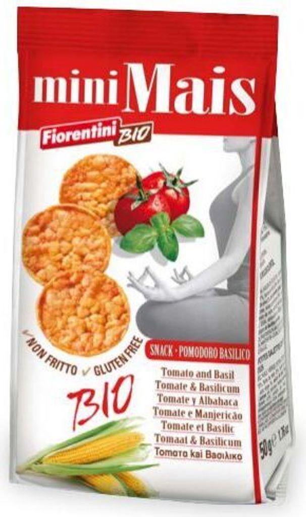 KRĄŻKI KUKURYDZIANE Z POMIDORAMI I BAZYLIĄ BEZGLUTENOWE50 g Zdjęcie produktu 