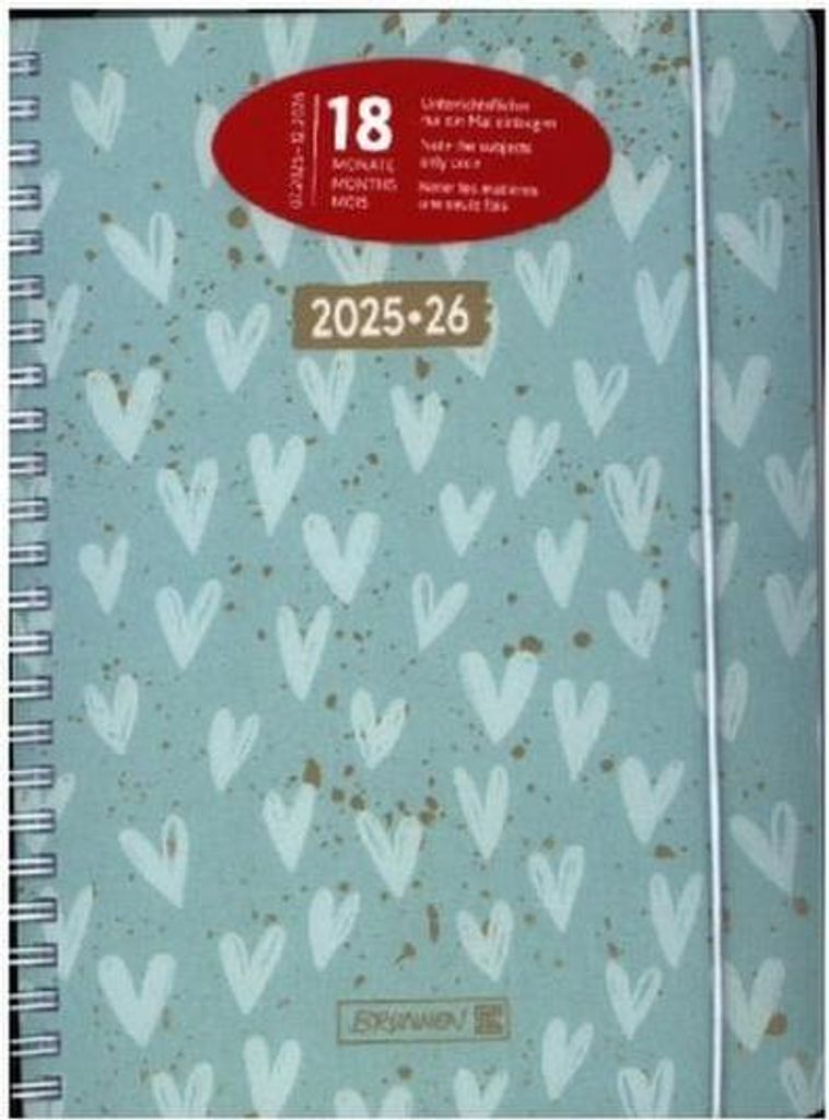 BRUNNEN Schülerkalender (2025/2026) \Hearts\", 2 Seiten = 1 Woche, A5, 208 Seiten, PP-Umschlag, mint"