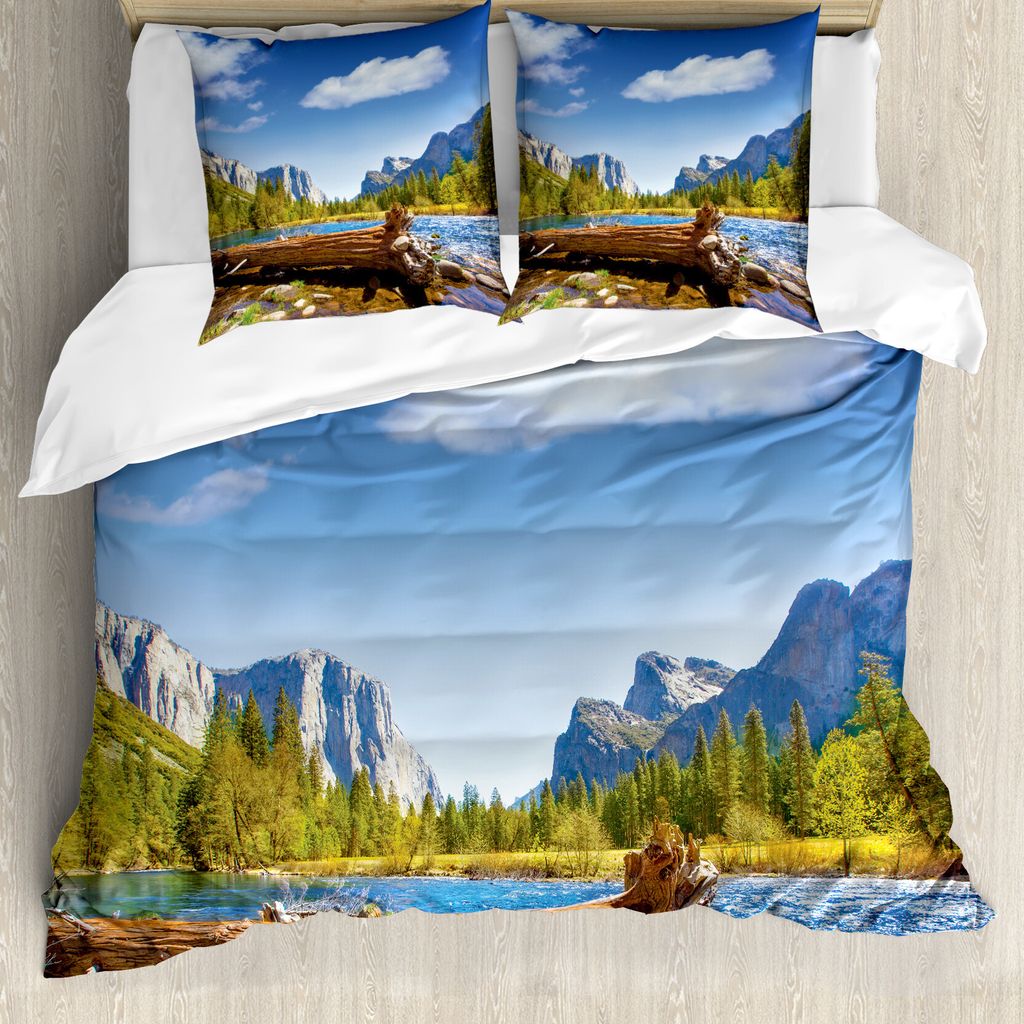ABAKUHAUS Yosemite Bettbezug, Kalifornien Yosemite, Milbensicher Allergiker geeignet mit Kissenbezügen, 155 cm x 220 cm - 80 x 80 cm, Grün blau